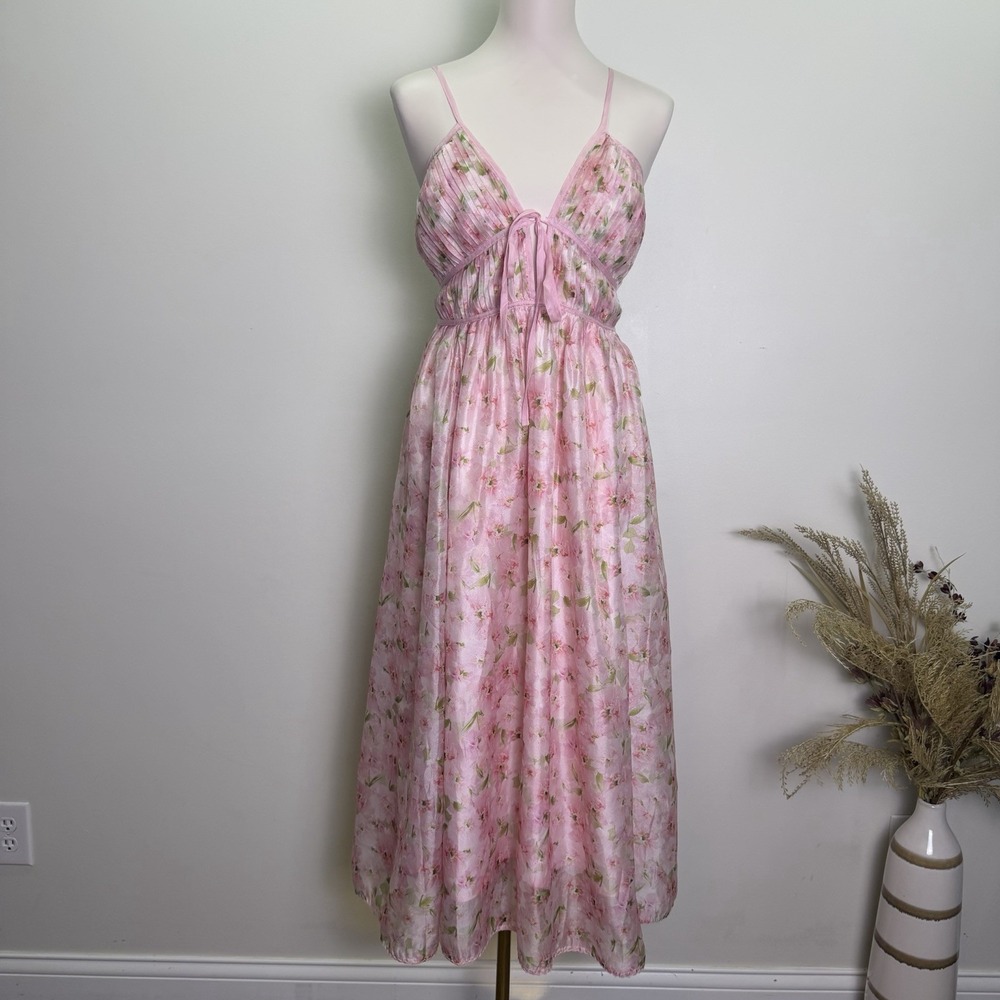 En Saison Sedna Pleated Floral Midi Dress Size M Pink Tie Front Cutout Pockets
